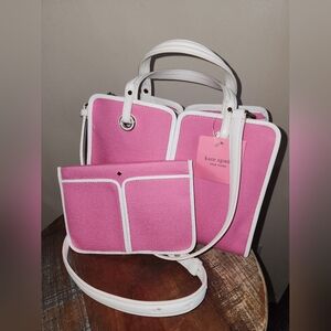 Kate Spade New York Medium Sam Canvas Plunge Satchel Pink White Leather Tote